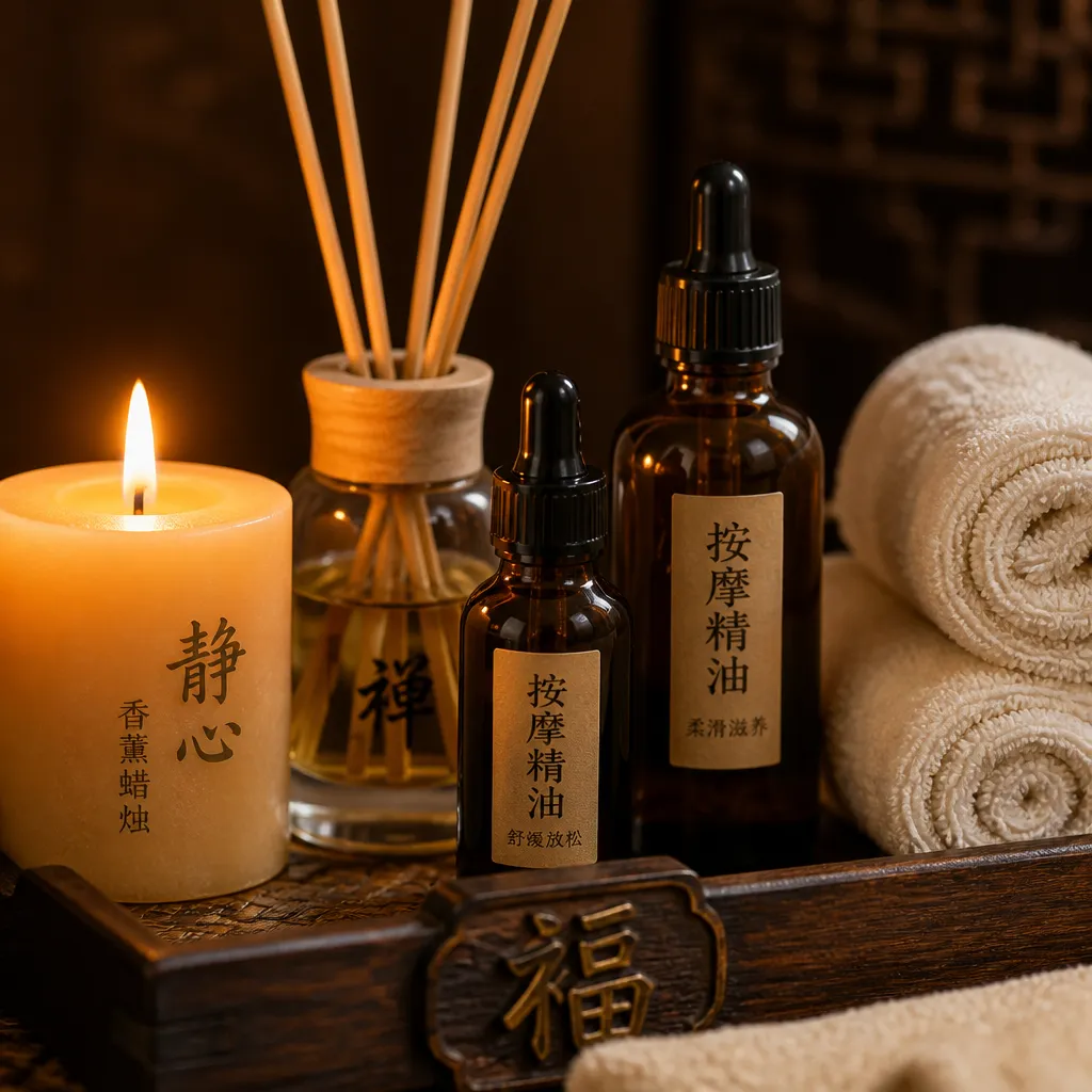 Massageöl, Kerze und Handtücher im Behandlungsraum